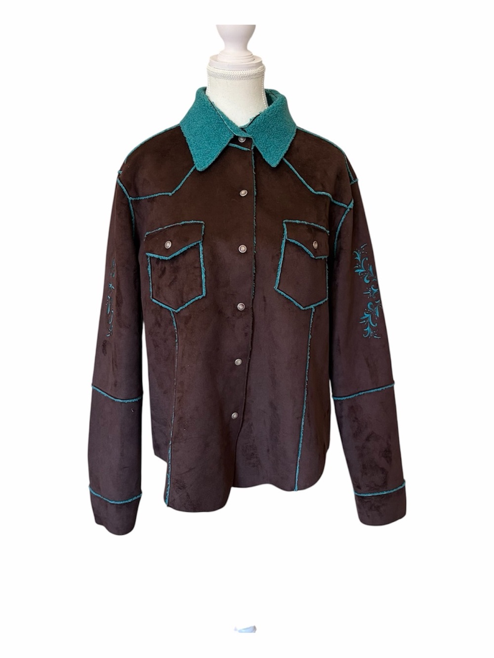 Tasha Polizzi XL Suede Shearling Shirt Jacket Brown Teal Western Pearl Snap